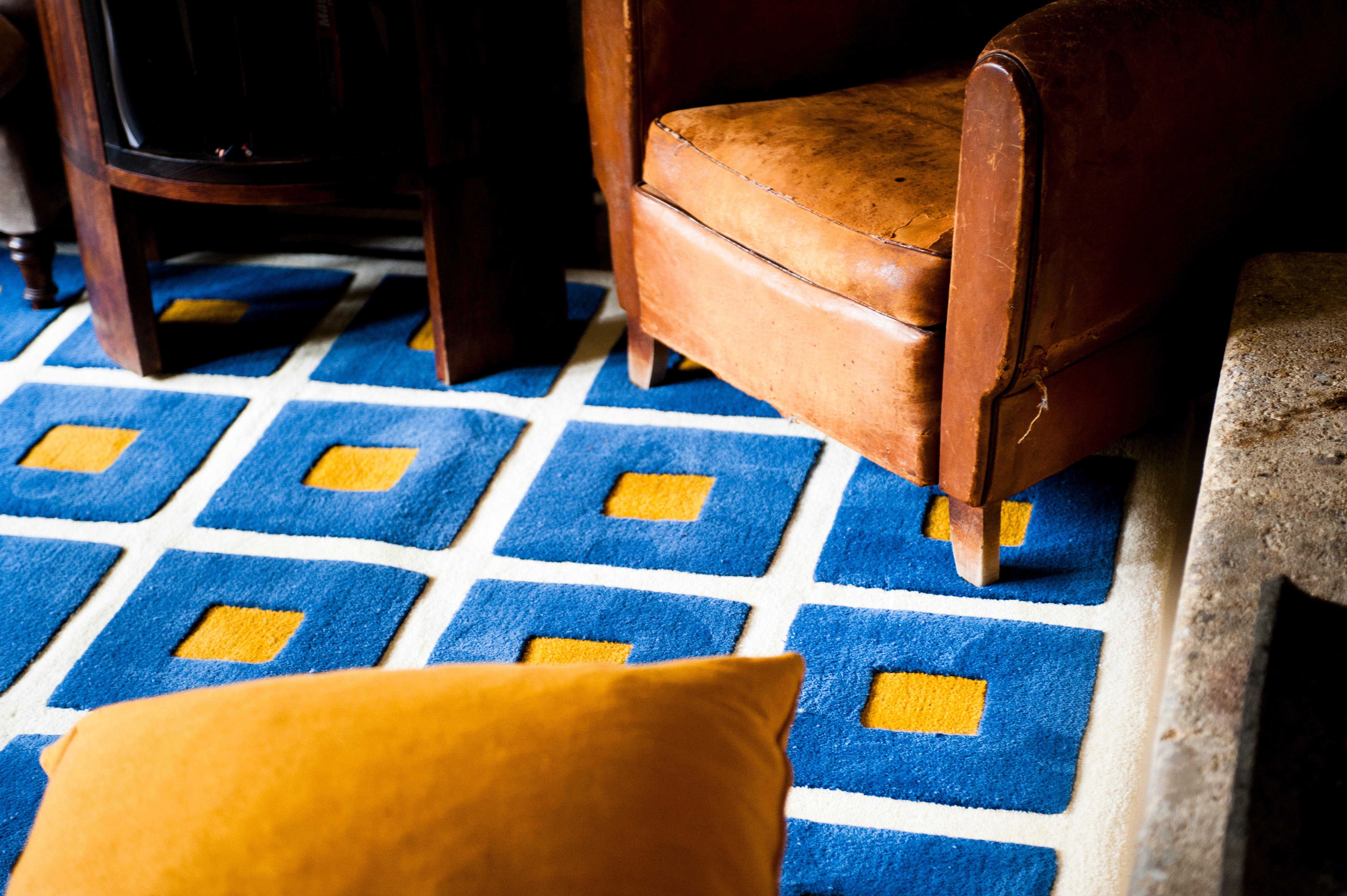 Hand-Crafted Modern Hand Tufted Wool Rug Made in Spain Checkers Blue, White and Mustard For Sale