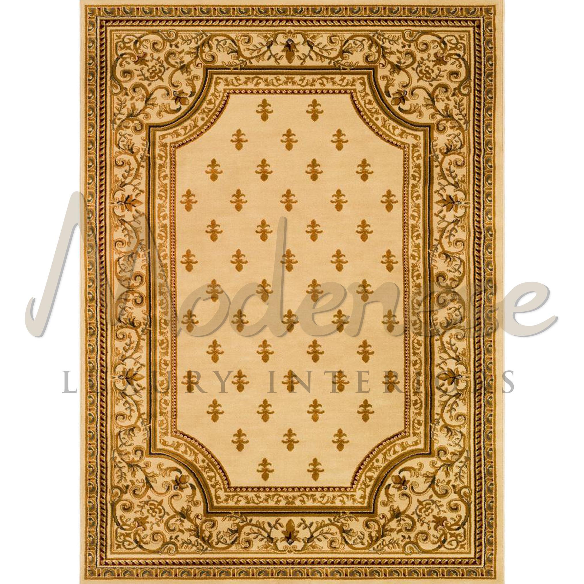 100% bamboo silk carpet with emerald background and intricate floreal details and gold lily pattern, top quality low pile fibers. Modenese Interiors artisans preciously handbraided this fancy colorized vintage carpet for a VIP penthouse interior