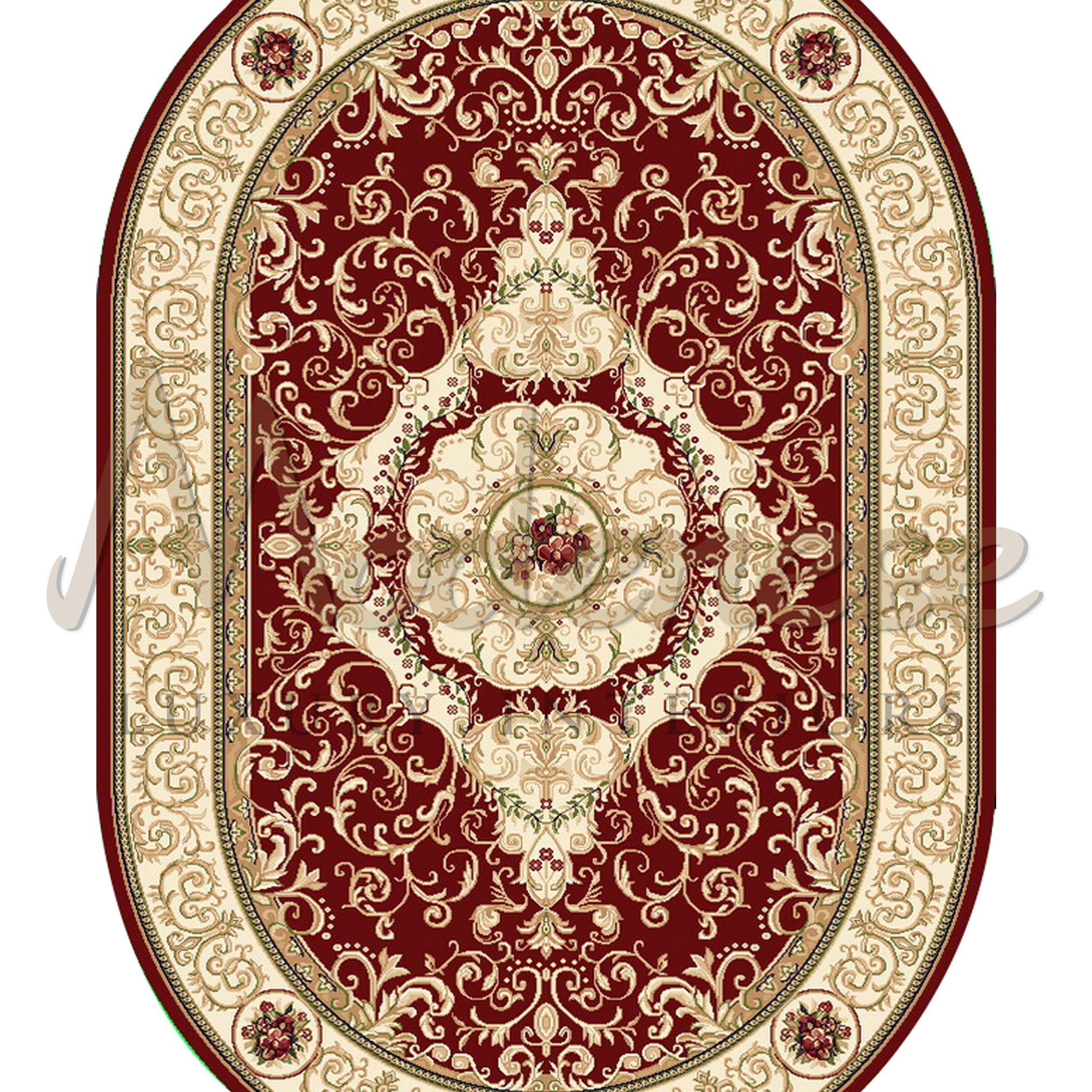 100% bamboo silk and cotton handbraided oval rug with intricate pattern of squiggles and blossoms. Goes perfectly in luxury villas and majlis, bespoke production by Modenese Gastone Luxury Interiors. Also available in different colors.




 
