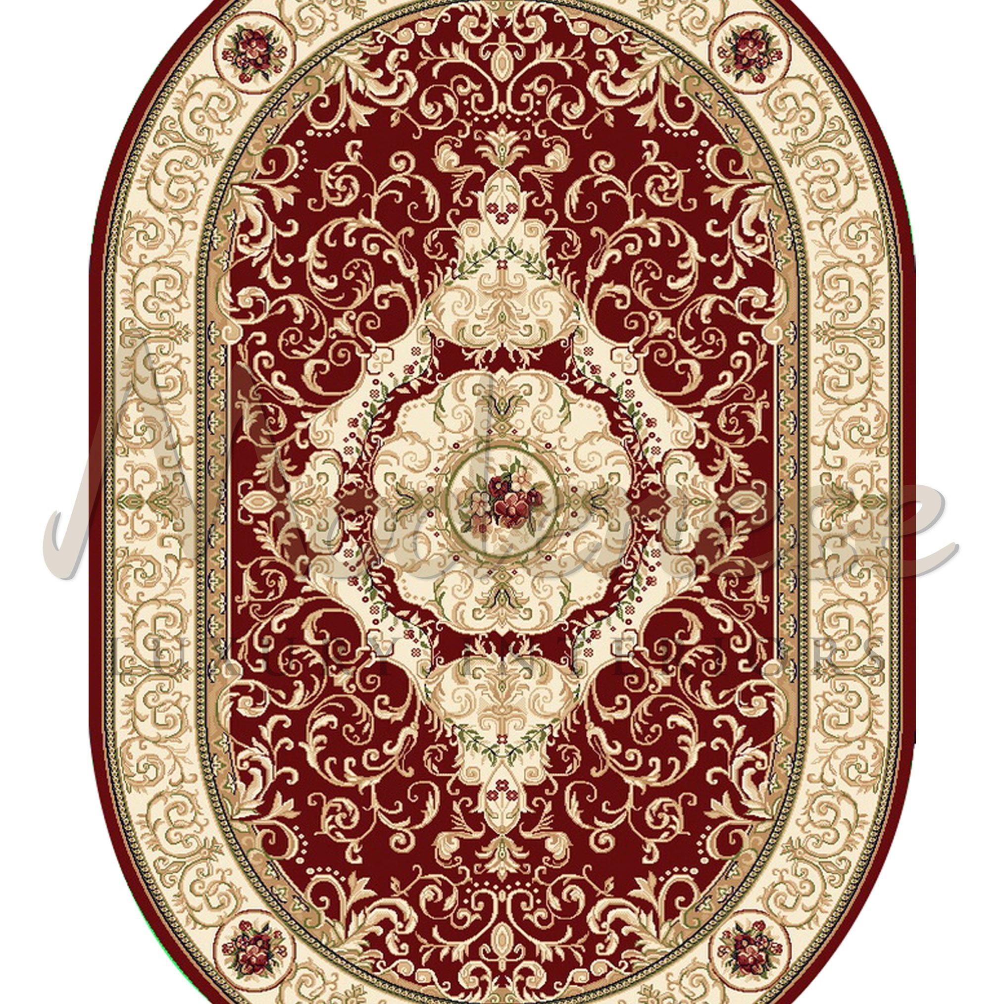 tapis ovale tressé à la main en soie et coton 100% bambou avec un motif complexe de gribouillis et de fleurs. S'intègre parfaitement dans les villas de luxe et les majlis, production sur mesure de Modenese Gastone Luxury Interiors. Disponible