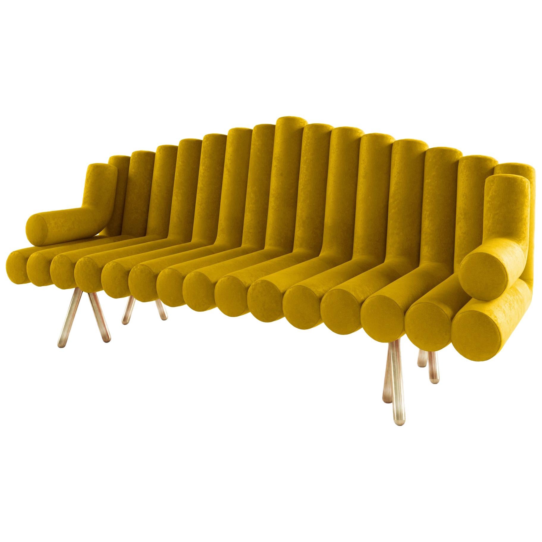 Sofa with Yellow Mohair And Polished Brass Legs