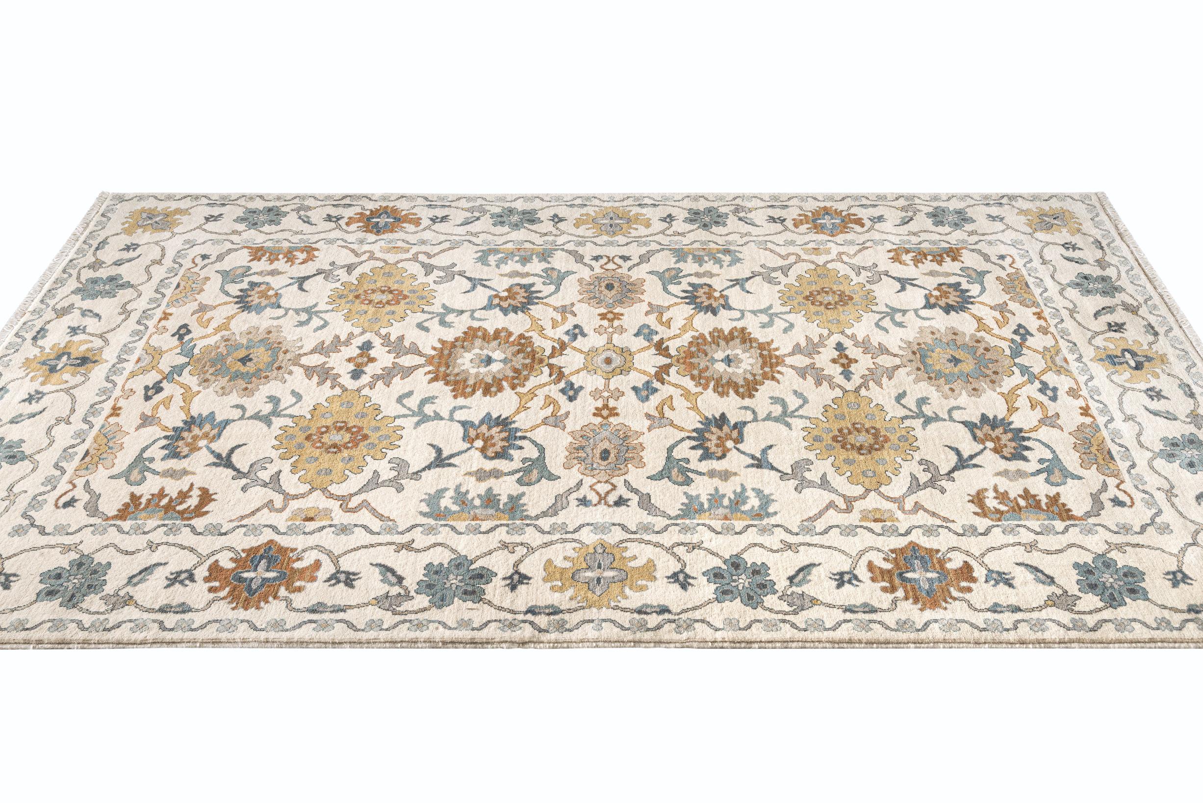 Art Nouveau 21st Century Hand-Knotted Egyptian Ziegler Rug in Beige Blue Floral Pattern For Sale
