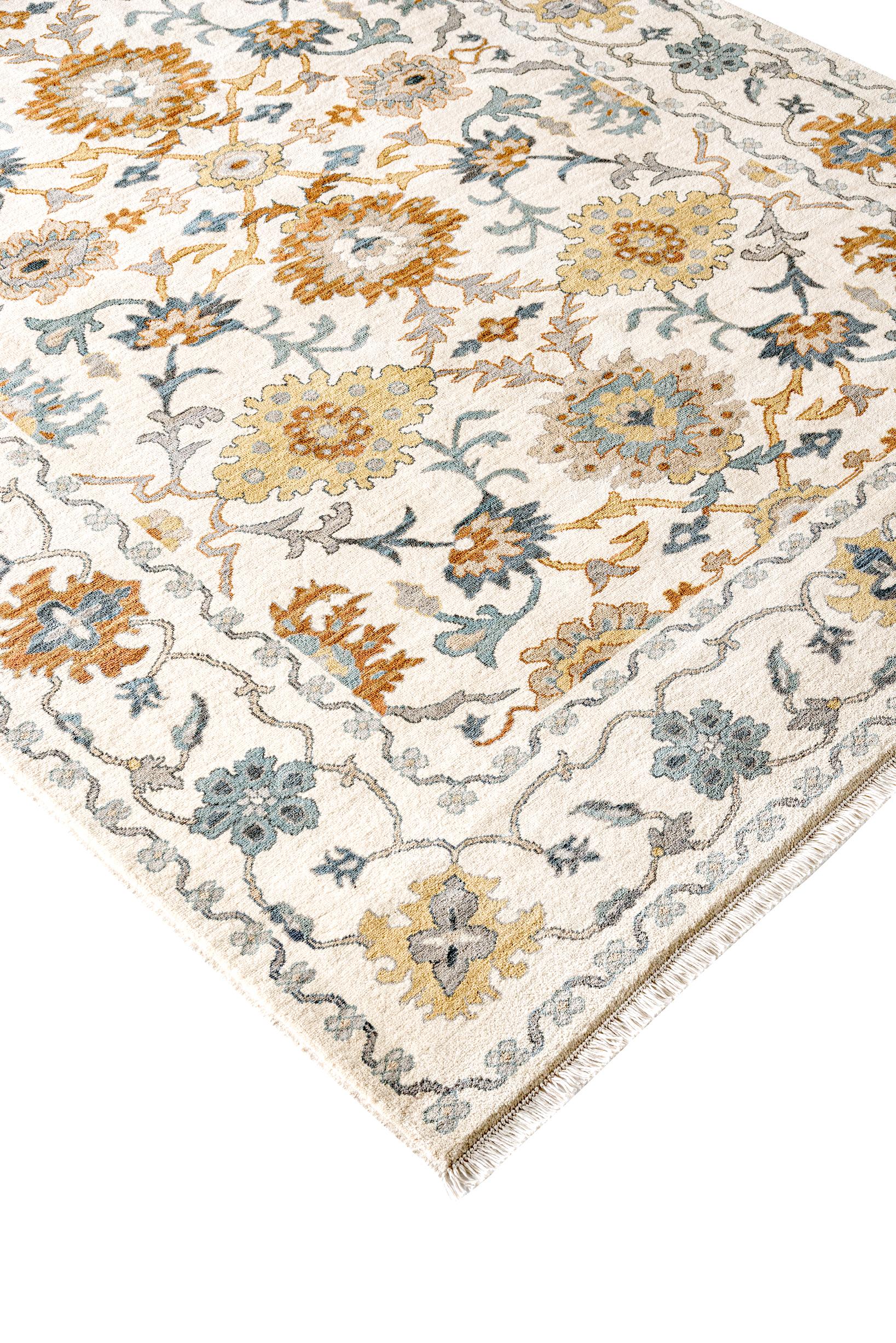 Contemporary 21st Century Hand-Knotted Egyptian Ziegler Rug in Beige Blue Floral Pattern For Sale