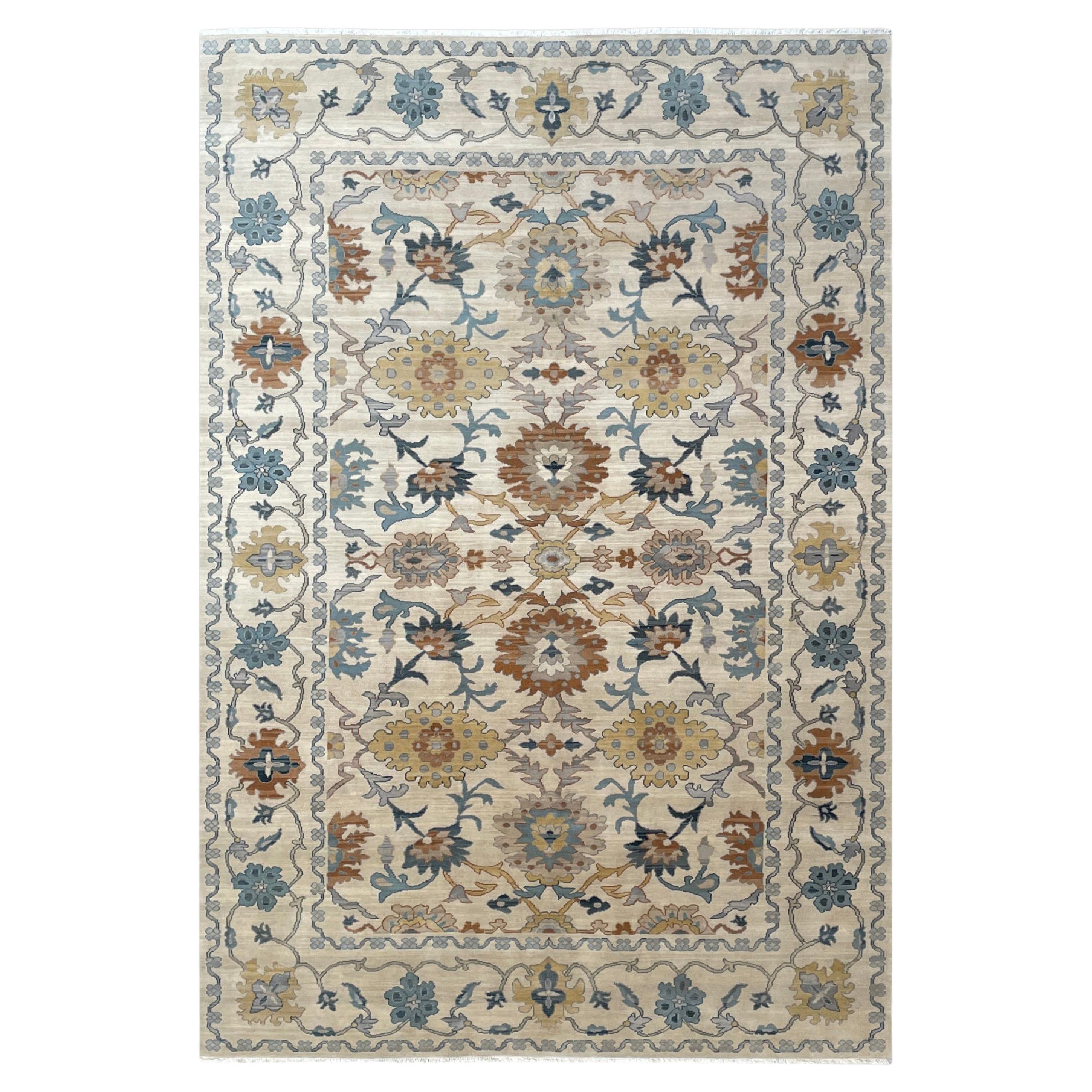 21st Century Handmade Egyptian Ziegler Rug in Beige Blue Floral Pattern