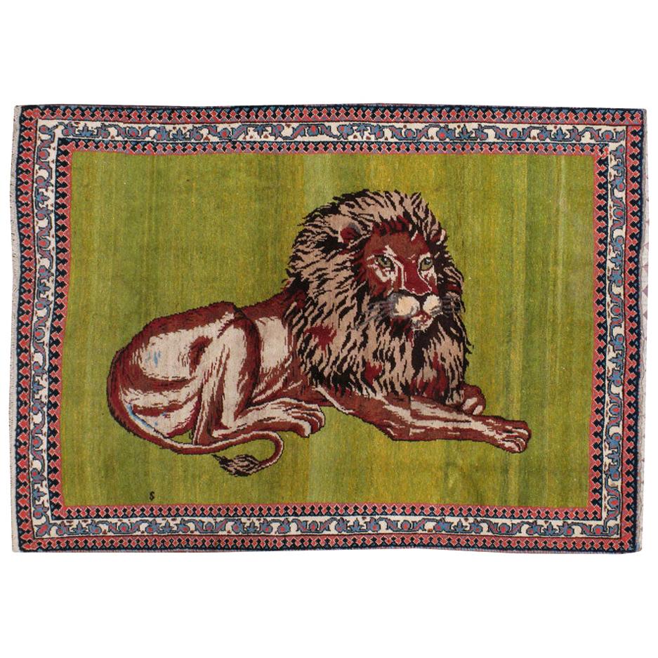 21st Century Handmade Persian Gabbeh Pictorial Lion Accent Rug For Sale