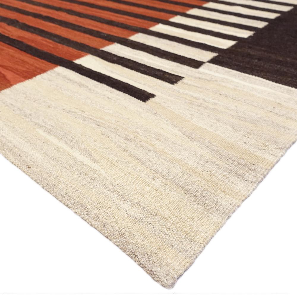 21st century handspun handwoven Anatolian Kilim

This kilim from Turkey was handspun and handwoven in the beginning of 21st century.
It is a new unused kilim carpet in timeless shades of red black and beige. It fits through its almost square