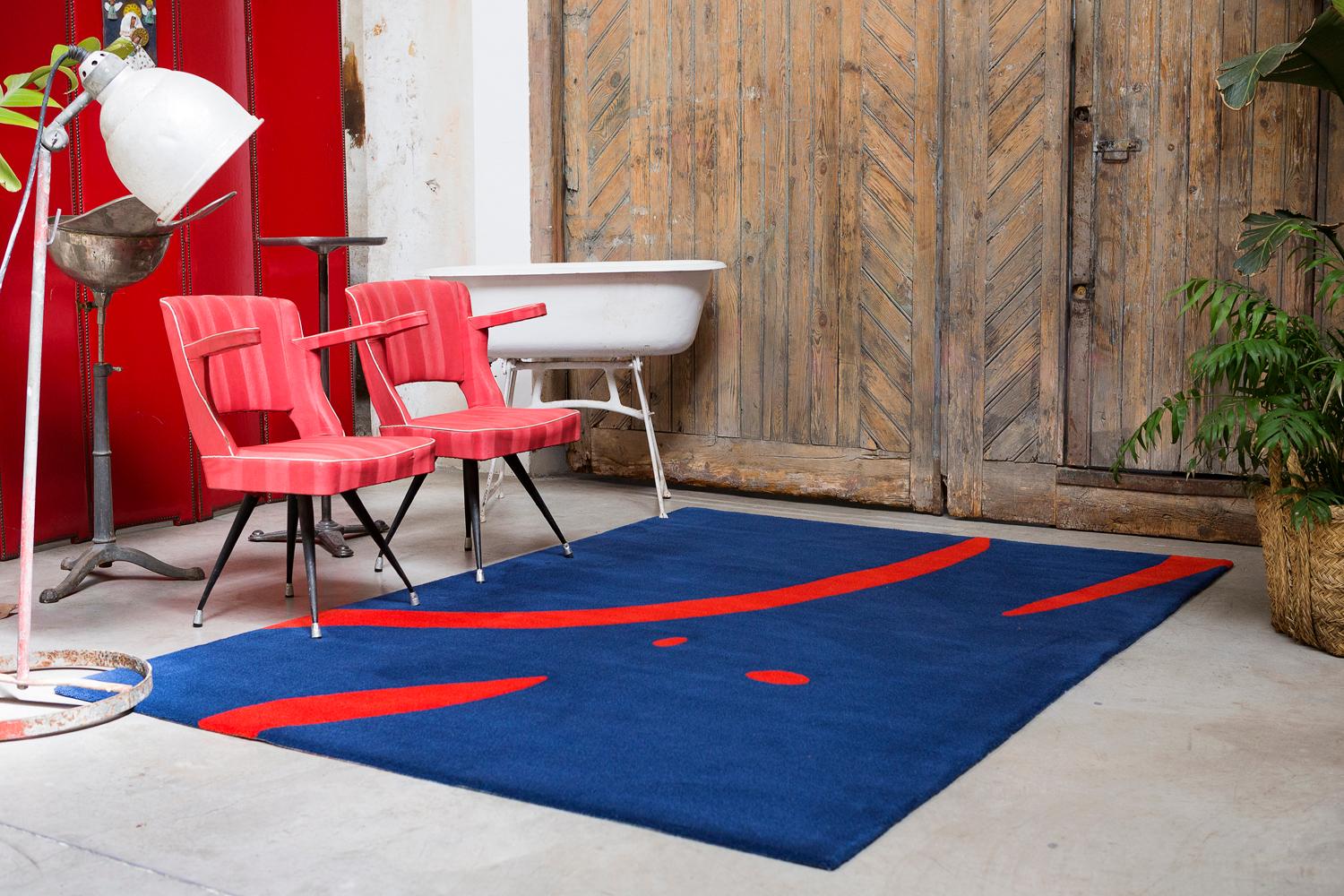Spanish Modern Wool Rug Carpet Made in Spain Blue and Red Nudity by Coco Davez For Sale