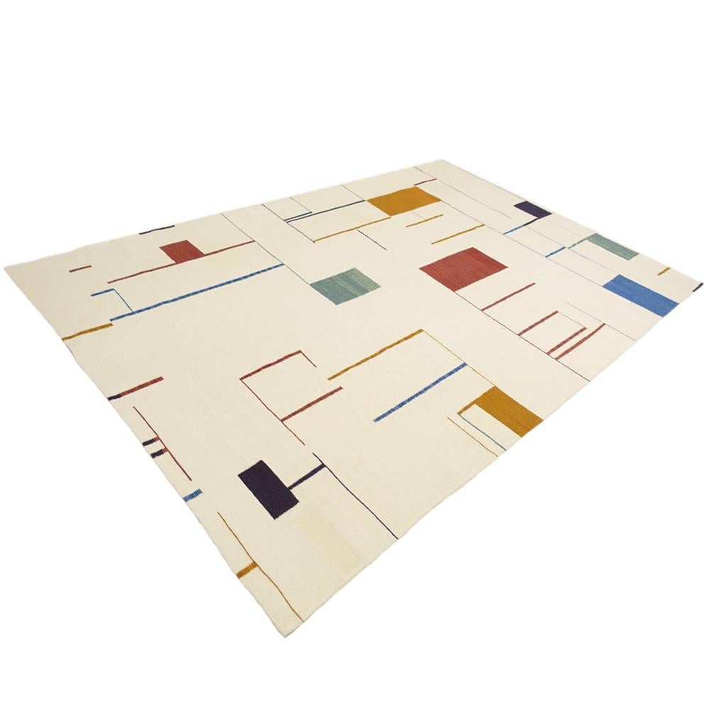 21st century handwoven color blocks Kilim 100 years Bauhaus

This kilim is a special production from Kiran's collection 