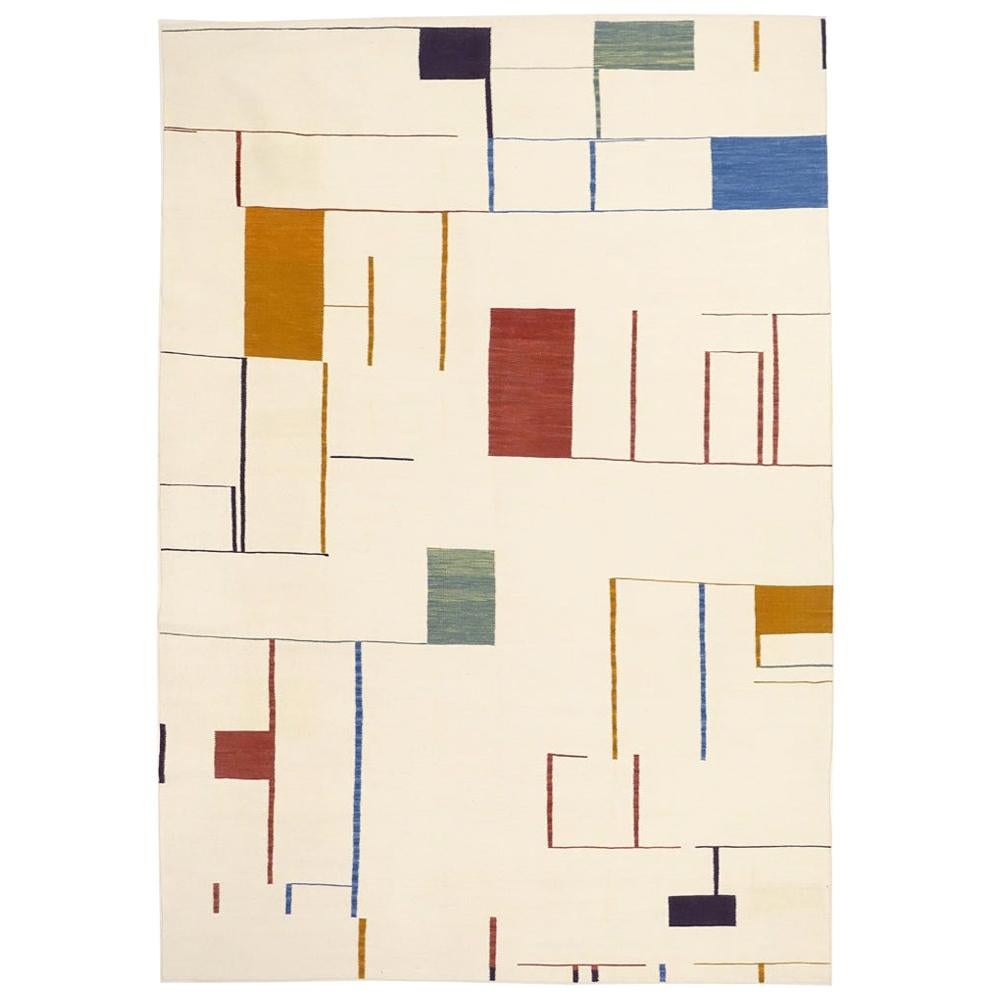 21st Century Handwoven Color Blocks Kilim 100 Years Bauhaus
