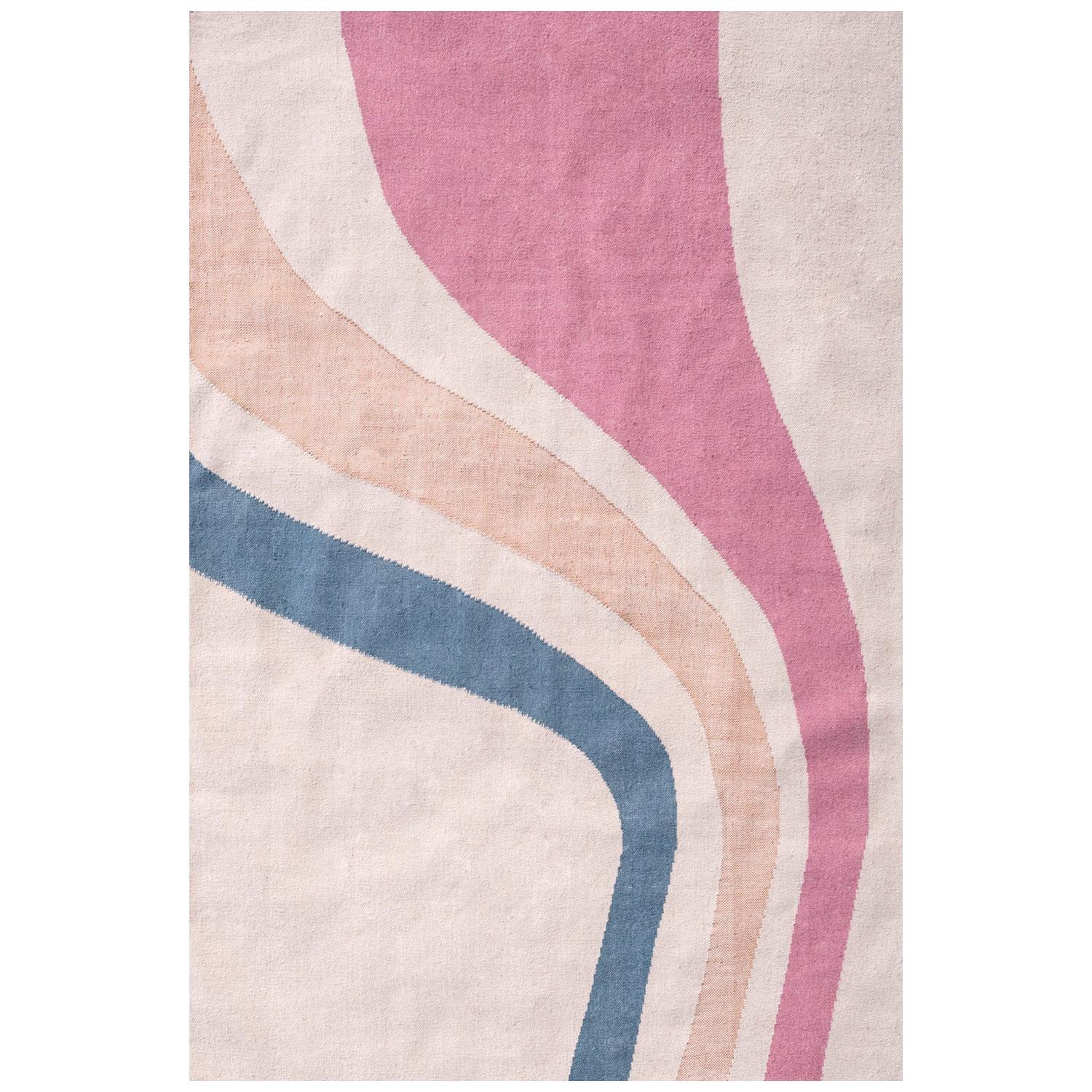 Modern Handwoven Flat-Weave Wool Kilim Rug Beige Pink Blue & Gold Abstract For Sale