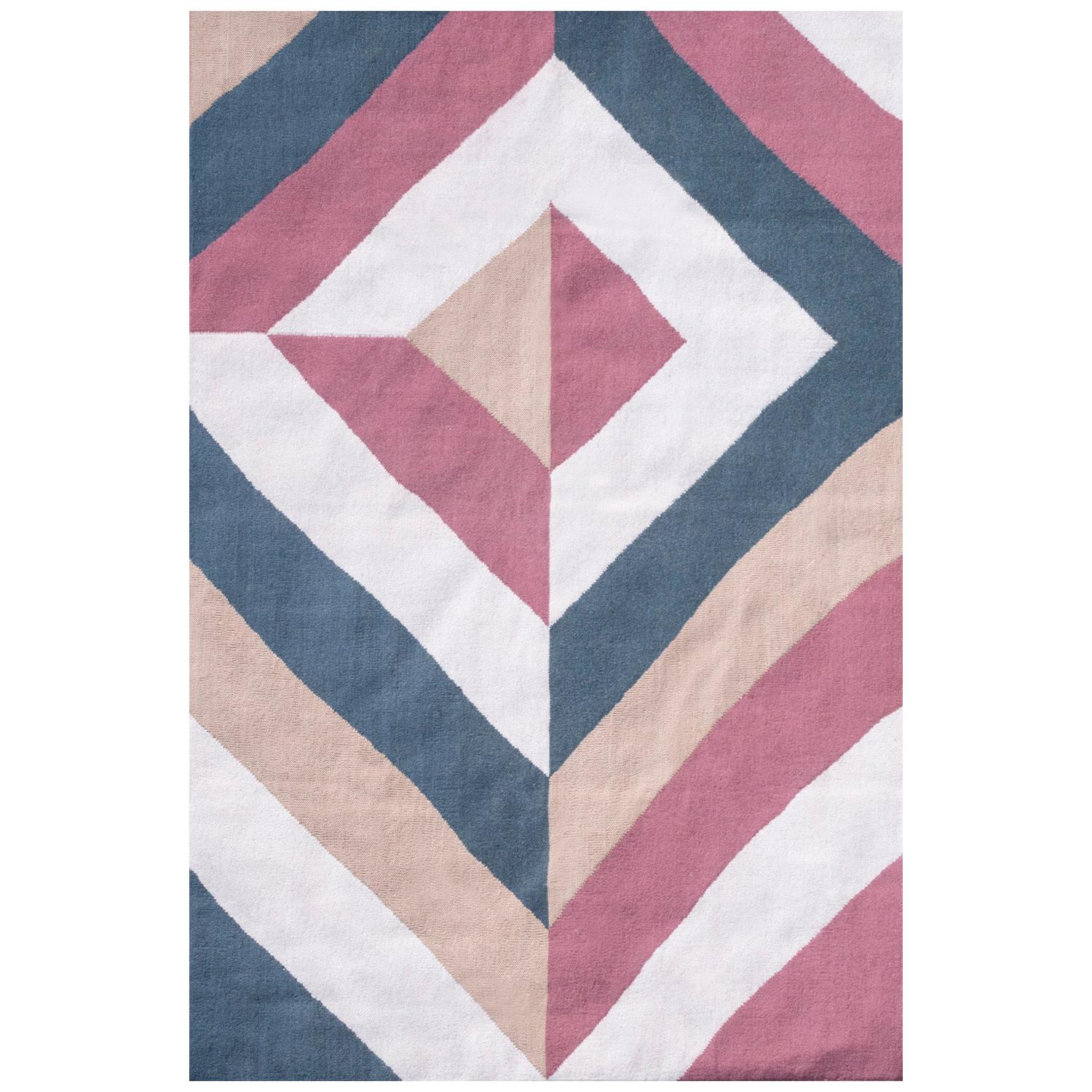 Modern Handwoven Flat-Weave Wool Kilim Rug Beige Pink Blue Gold Geometric For Sale