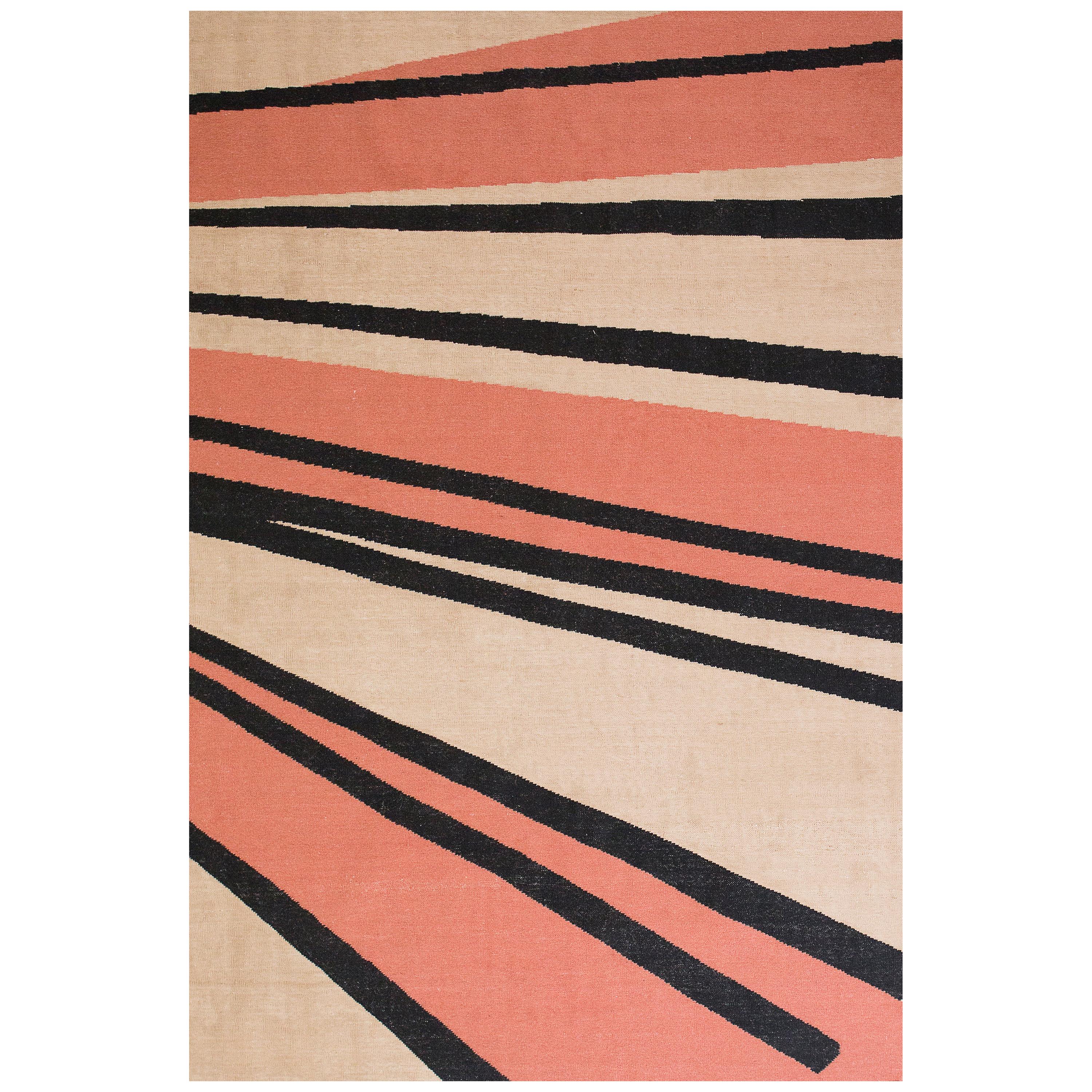 Modern Handwoven Flat-Weave Wool Kilim Rug Black Gold Terracotta Stripes For Sale