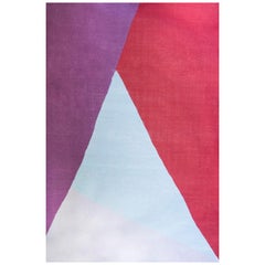 Tapis Kilim moderne en laine tissé à la main à plat, rouge, rose, violet et bleu clair, géométrique