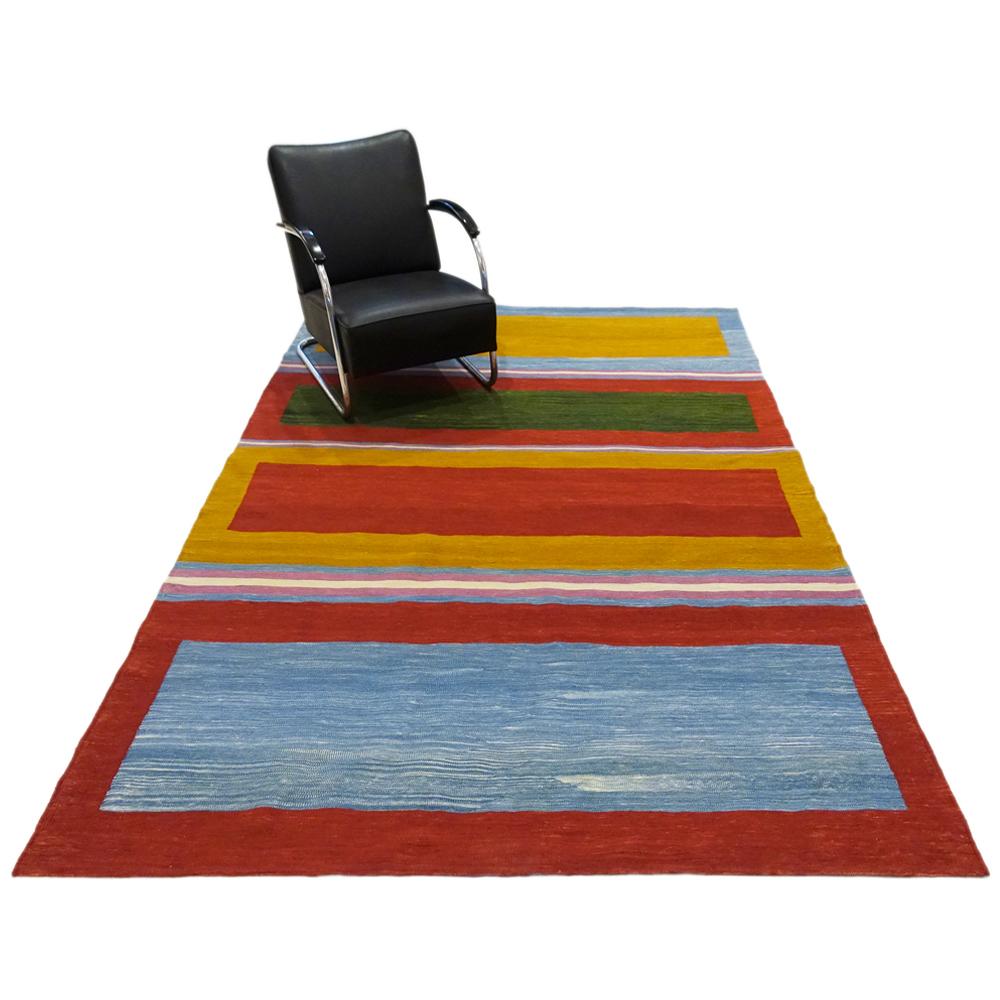 21st Century Handwoven Multicolor Block Stripes Kilim 100 years Bauhaus In New Condition For Sale In Berlin, DE