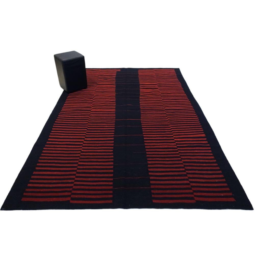 Asian 21st Century Handwoven Red & Black Mazandaran Kilim Carpet 100 Years Bauhaus For Sale