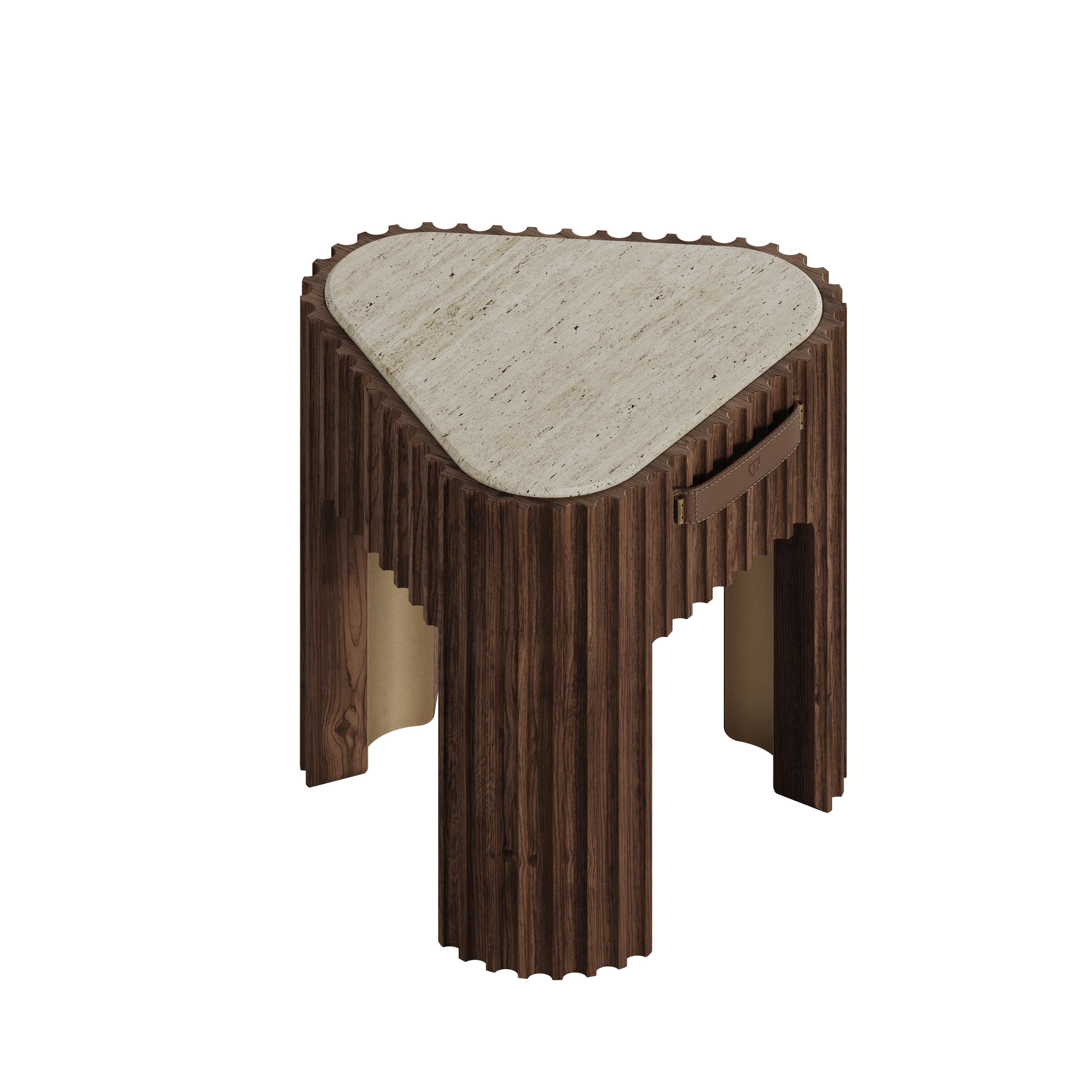 21st Century Henley Side Table Wood Travertine Brass by Wood Tailors In New Condition For Sale In RIO TINTO, PT