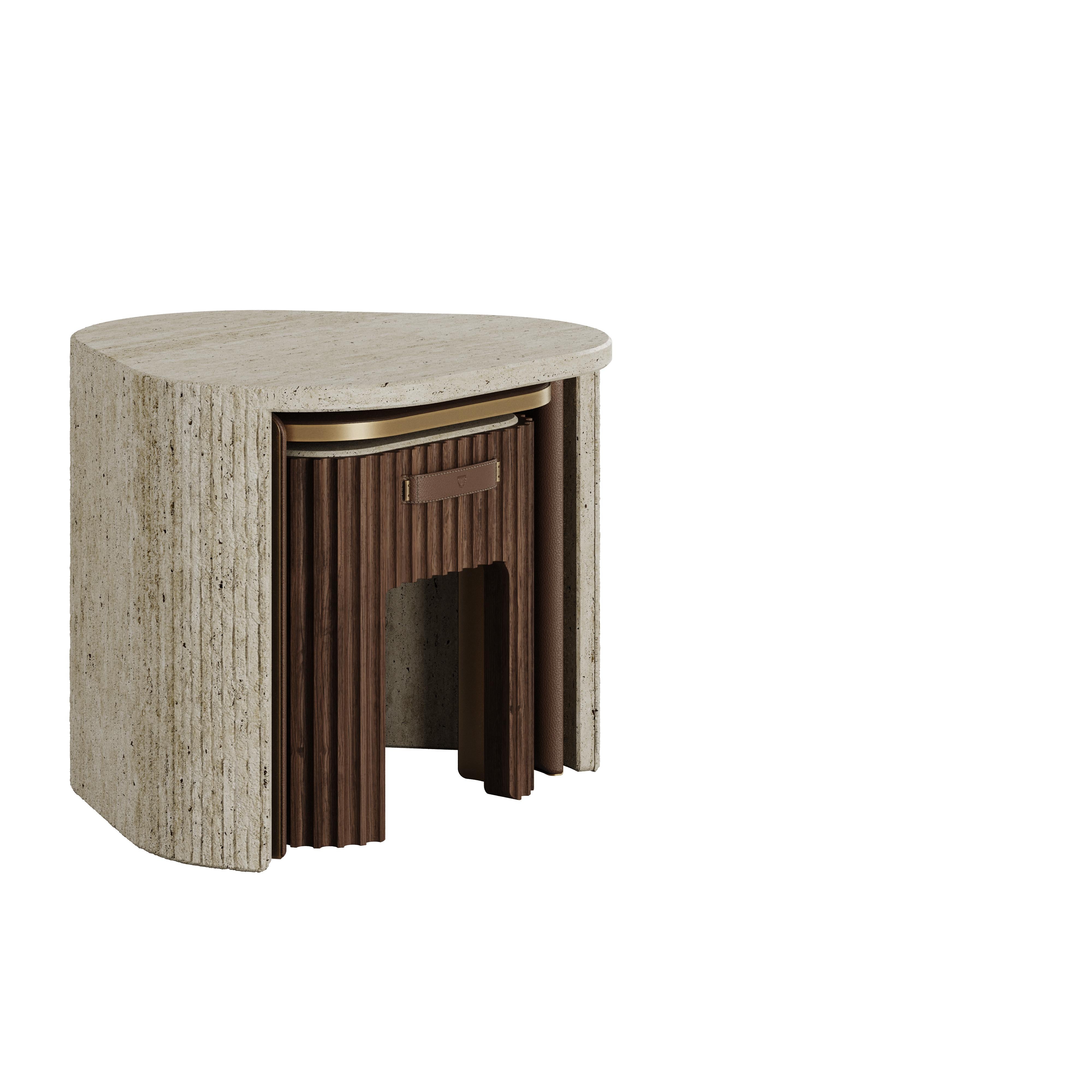 Contemporary 21st Century Henley Side Table Wood Travertine Brass by Wood Tailors For Sale