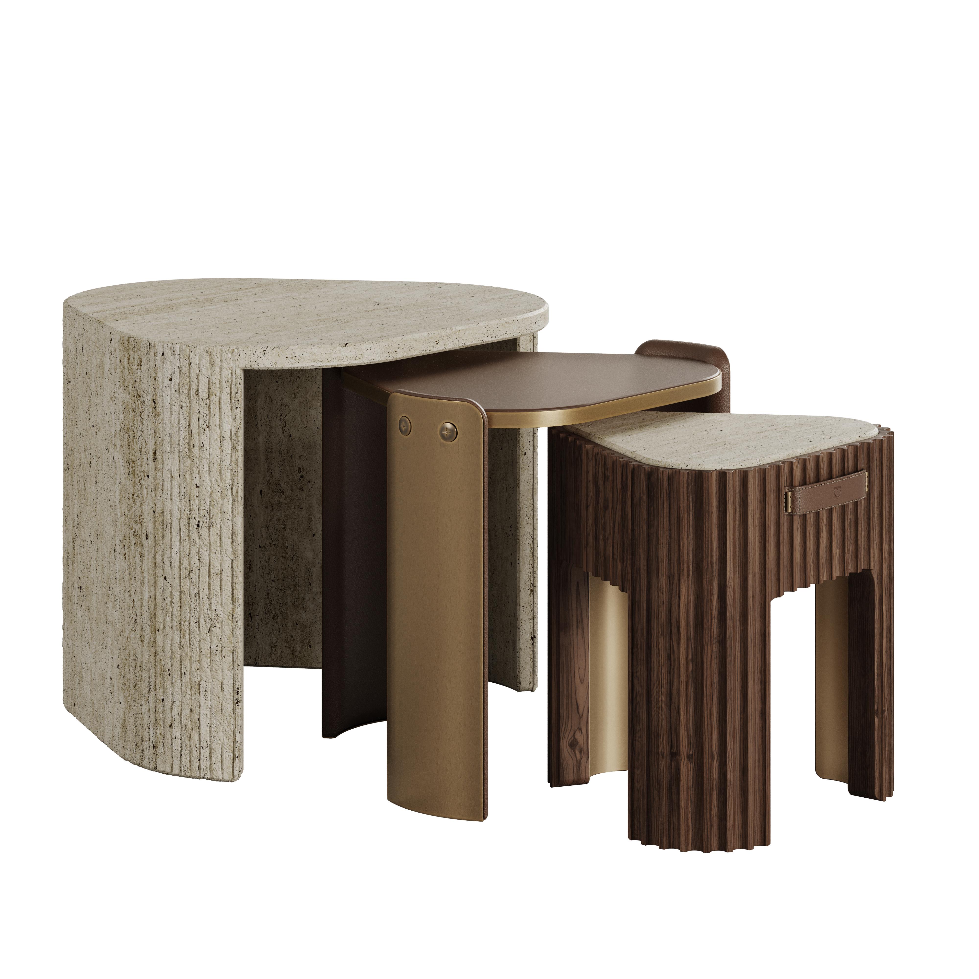 21st Century Henley Side Table Wood Travertine Brass by Wood Tailors For Sale 2
