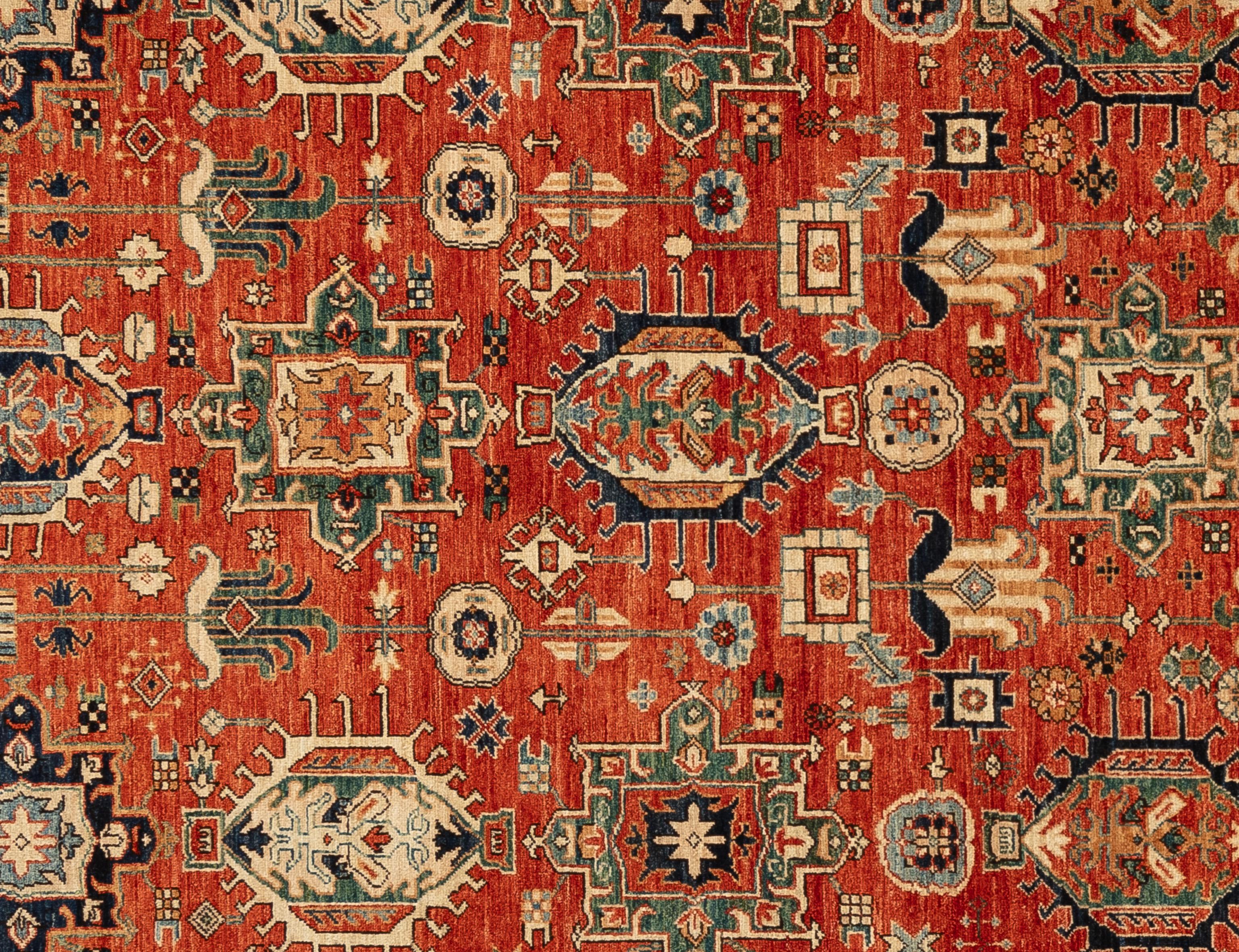  Elevate your space with timeless elegance and rich cultural heritage embodied in our exquisite Heriz rug. Handcrafted with precision and care by skilled artisans, each rug boasts intricate geometric motifs and vibrant hues, adding warmth and
