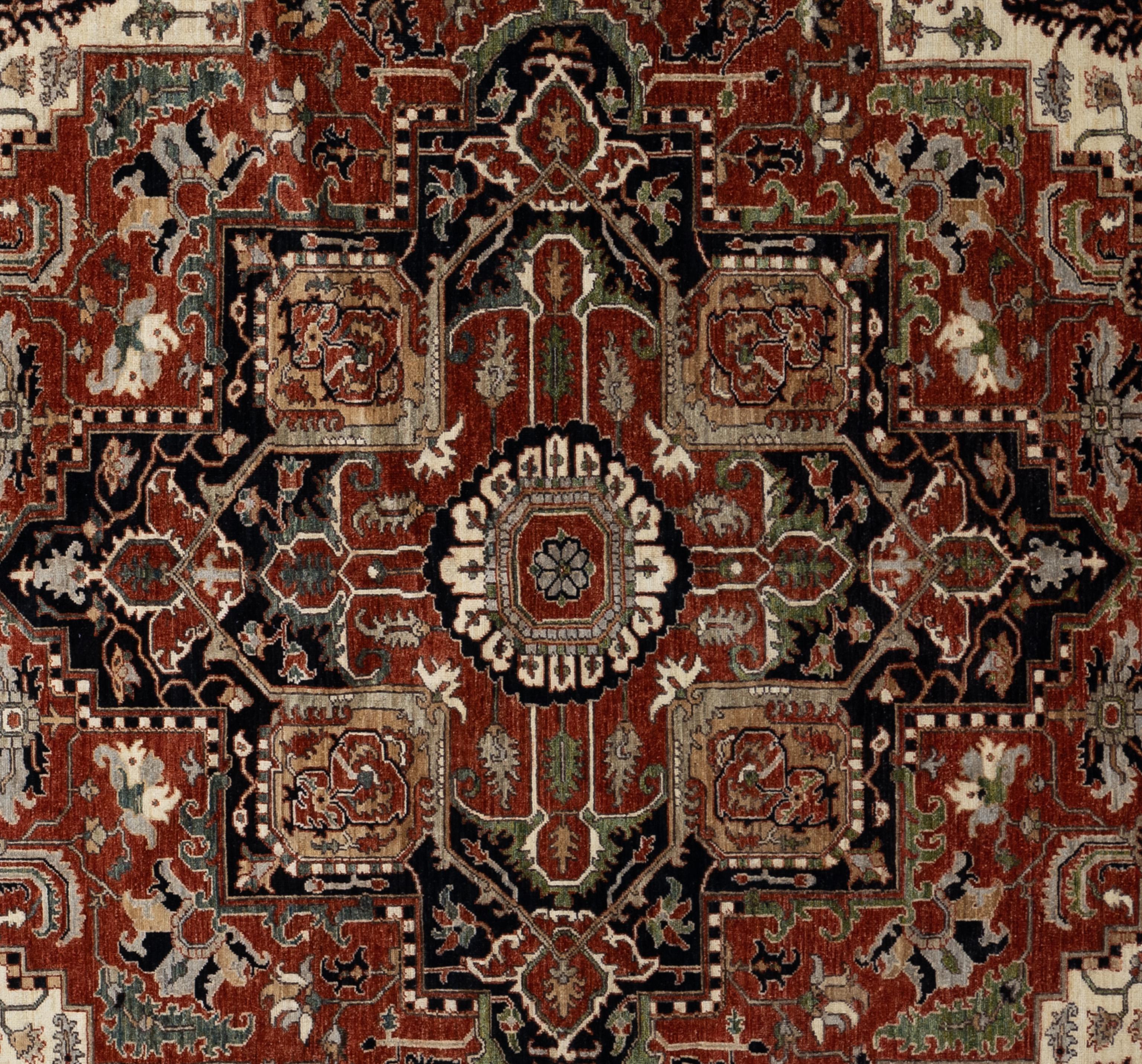  Elevate your space with timeless elegance and rich cultural heritage embodied in our exquisite Heriz rug. Handcrafted with precision and care by skilled artisans, each rug boasts intricate geometric motifs and vibrant hues, adding warmth and