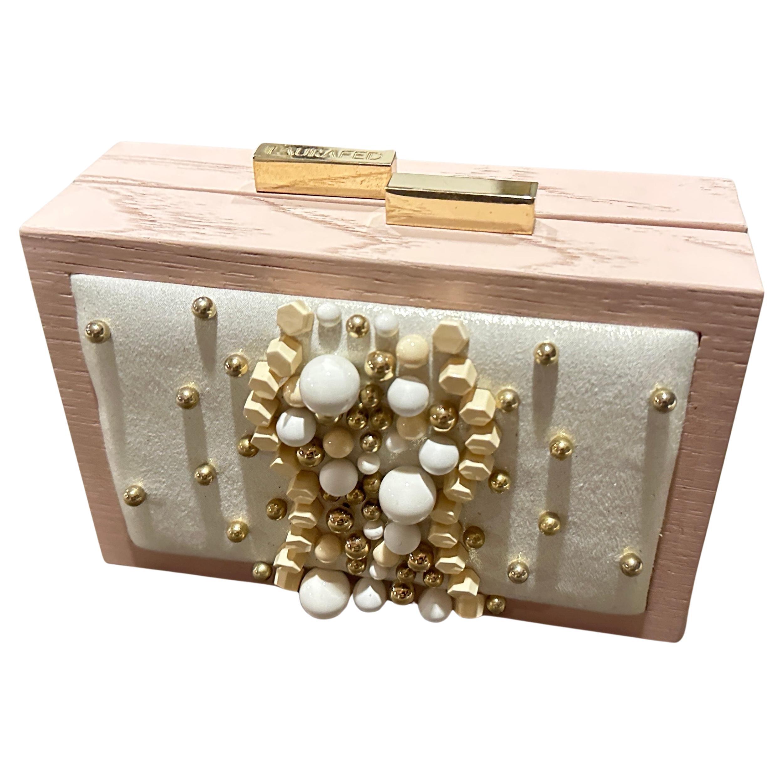 21st Century High Quality Pink Wood and White Leather Evening Bag by Laurafed