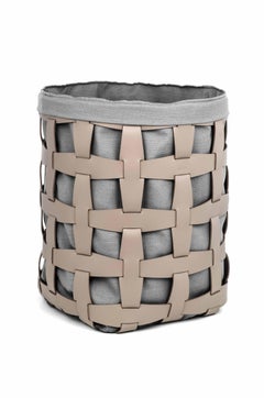 21st Century Hook Tall Laundry Basket with Leather & Cotton Handmade in Italy