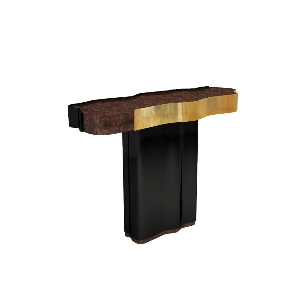 Portuguese 21st Century Horizon Console Walnut wood root Black Lacquered wood Gold Leaf For Sale