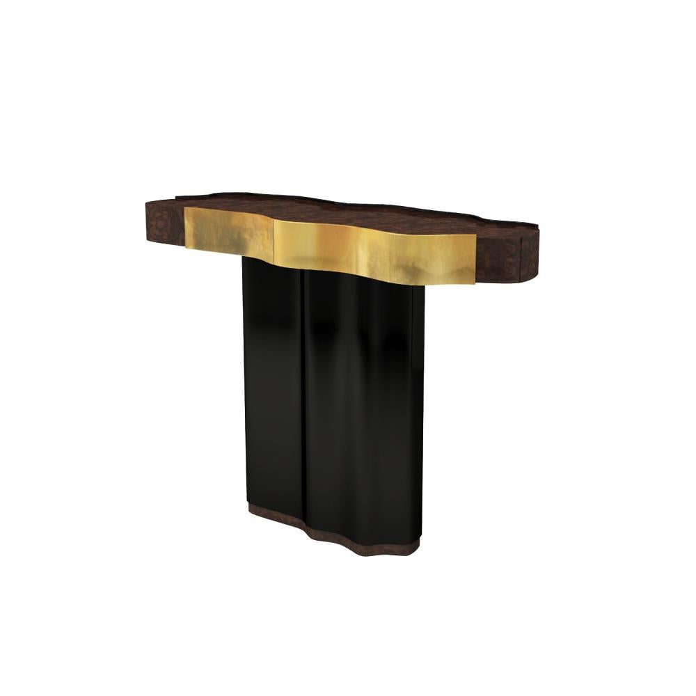 Laqué Console Horizon du 21e siècle en bois de noyer et bois laqué noir à feuilles d'or en vente