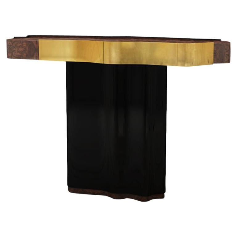 Console Horizon du 21e siècle en bois de noyer et bois laqué noir à feuilles d'or