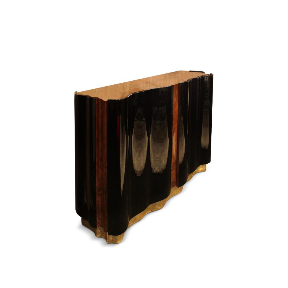 Contemporary 21st Century Horizon Sideboard Walnut Wood Root Black Lacquered Wood For Sale