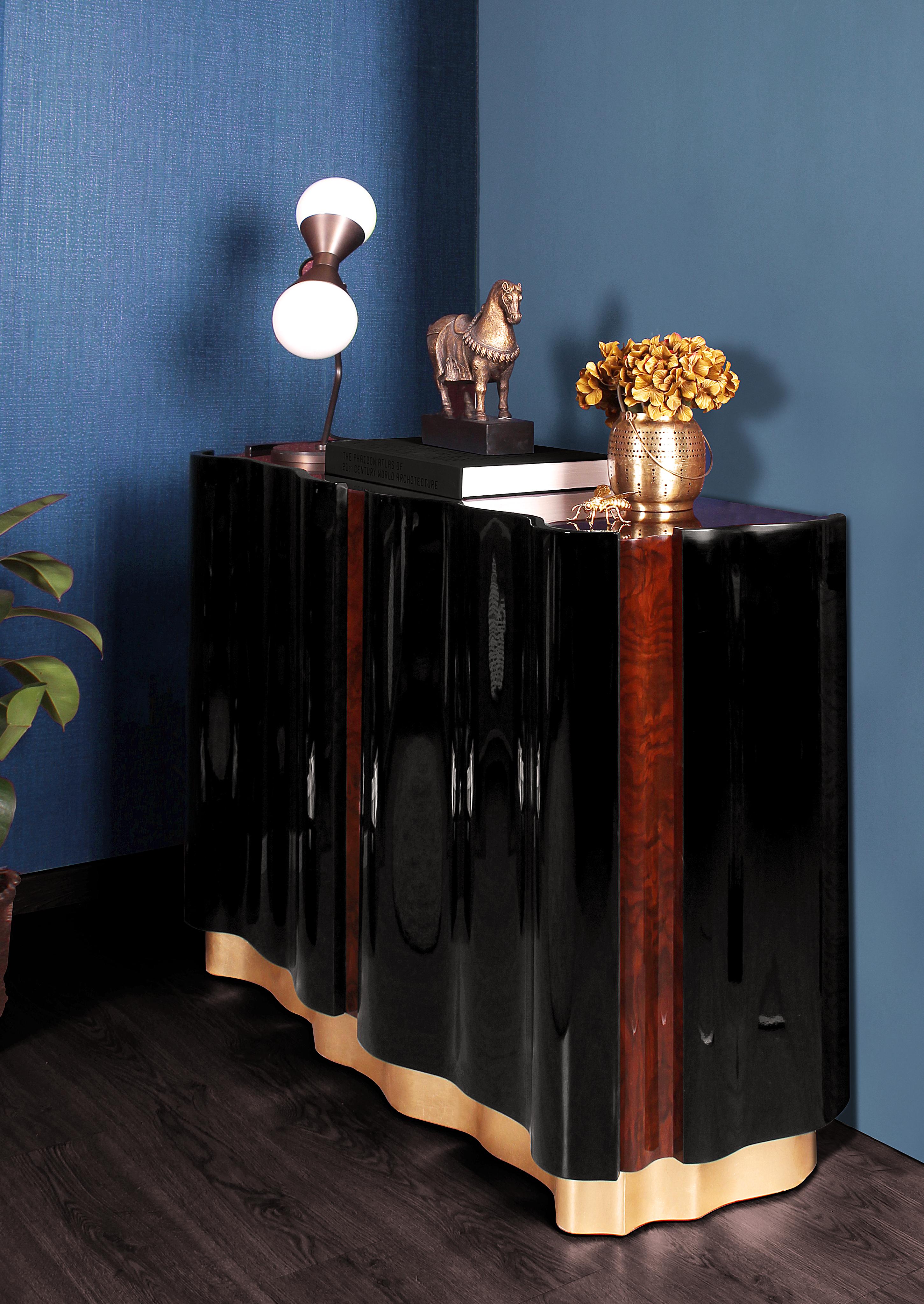 Velvet 21st Century Horizon Sideboard Walnut Wood Root Black Lacquered Wood For Sale