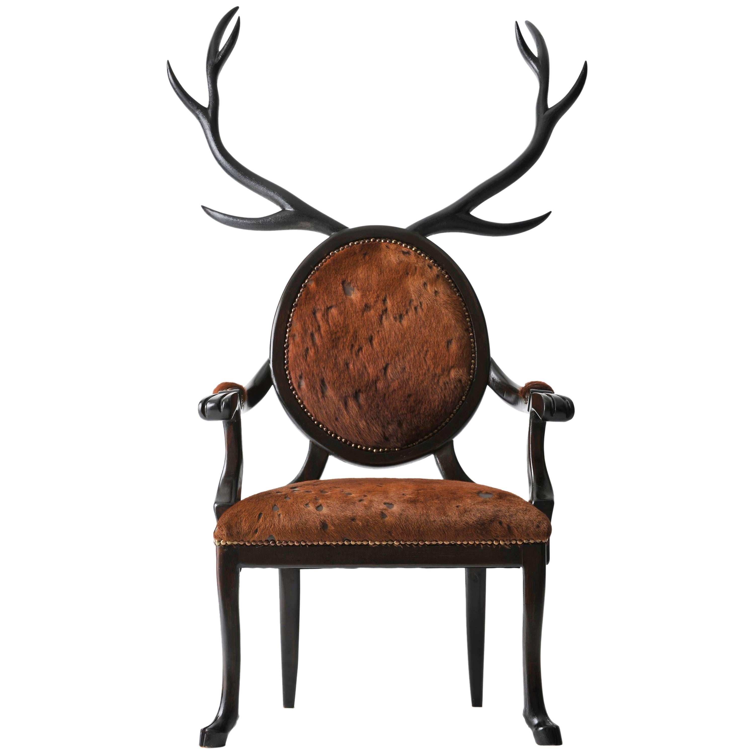 21st Century Hybrid No 1 Armchair with Hand-Carved Antlers and Brown Leather For Sale