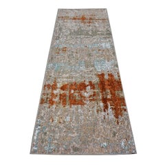 21st Century Indian Modern Wool & Silk 3X9 Grey, Rust, & Blue Runner Area Rug
