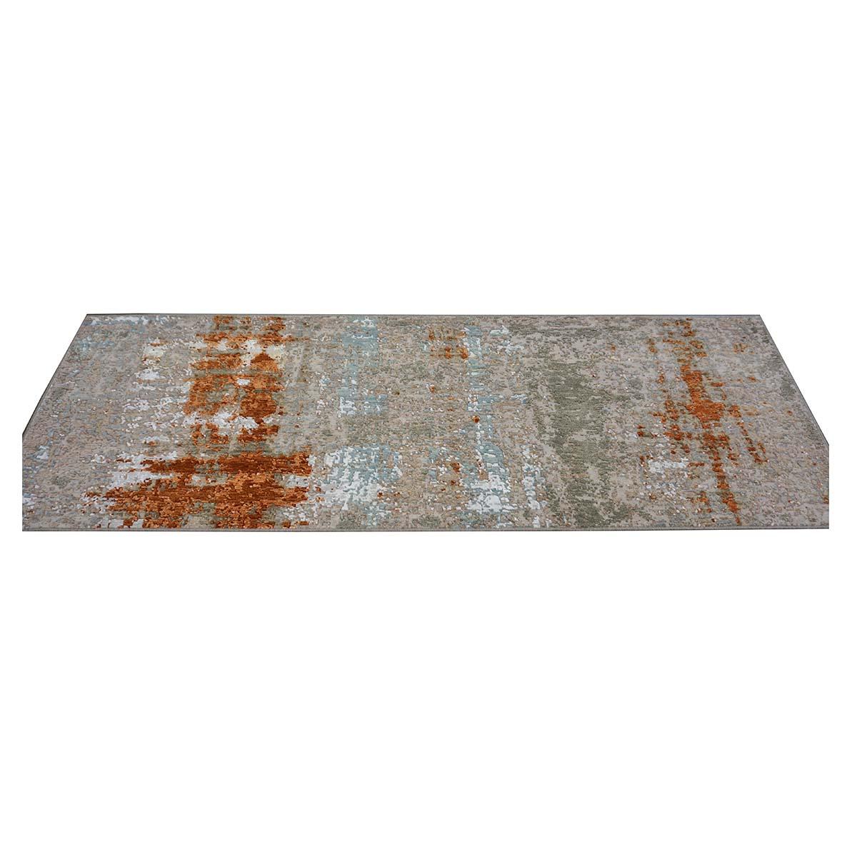 Contemporary 21st Century Indian Modern Wool & Silk 3X9 Grey, Rust, & Blue Runner Area Rug For Sale