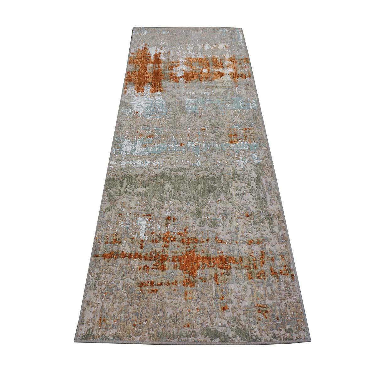 21st Century Indian Modern Wool & Silk 3X9 Grey, Rust, & Blue Runner Area Rug For Sale 1