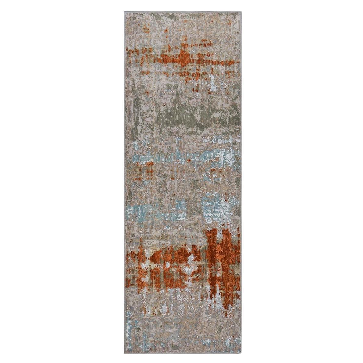 Tapis de couloir moderne indien du 21e siècle en laine et soie gris, rouille et bleu 3X9