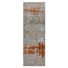 21st Century Indian Modern Wool & Silk 3X9 Grey, Rust, & Blue Runner Area Rug