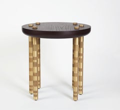 Modern Ipanema Brass Round Side Table, Darkened Oak Top, light bronze Brass legs