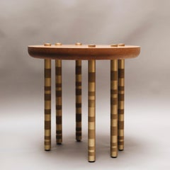 Modern Ipanema Brass Round Side Table, Natural Oak Top, light bronze Brass legs