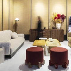 Ipanema round upholstered stool, Red Rubelli, lacquered wood feet, Portugal
