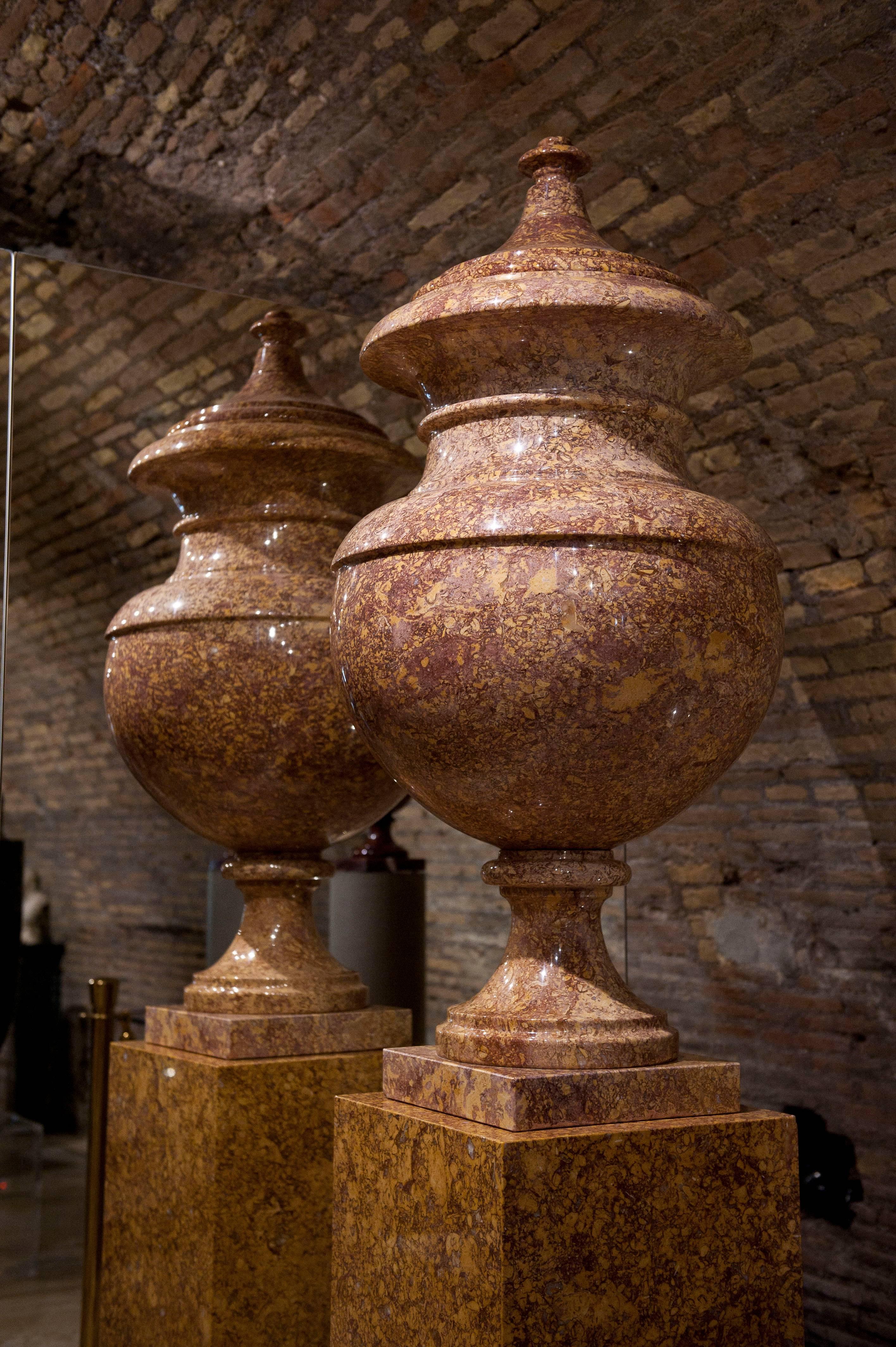 A huge and impressive pair of vases made in Broccatello di Spagna marble, a specimen and very rare material. This kind of marble was used a lot from the ancient roman until the end of 1800 later it become very difficult to find and was used only for