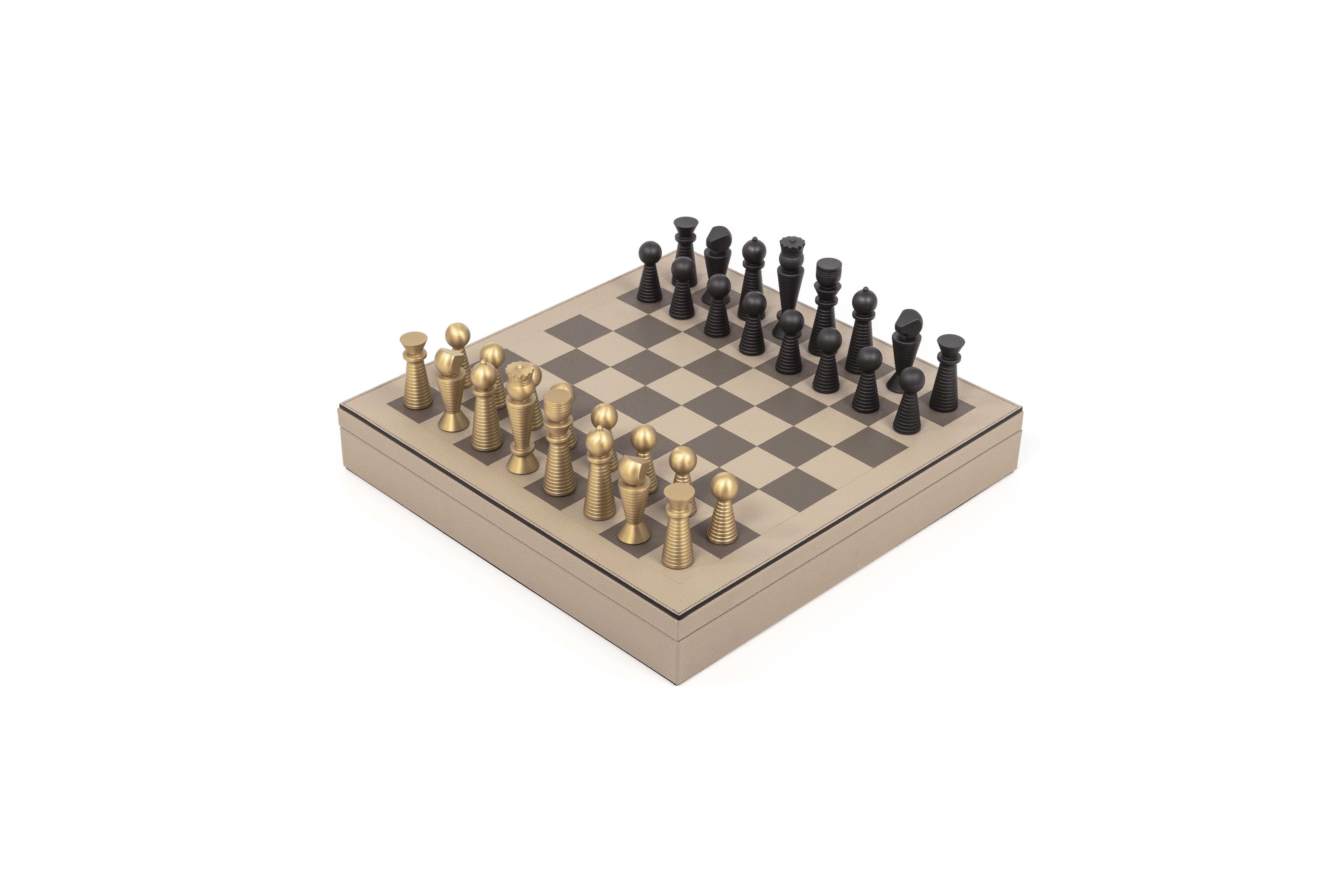 Modern 21st Century Italian Leather Chess Board with Brass Pieces Handcrafted in Italy For Sale