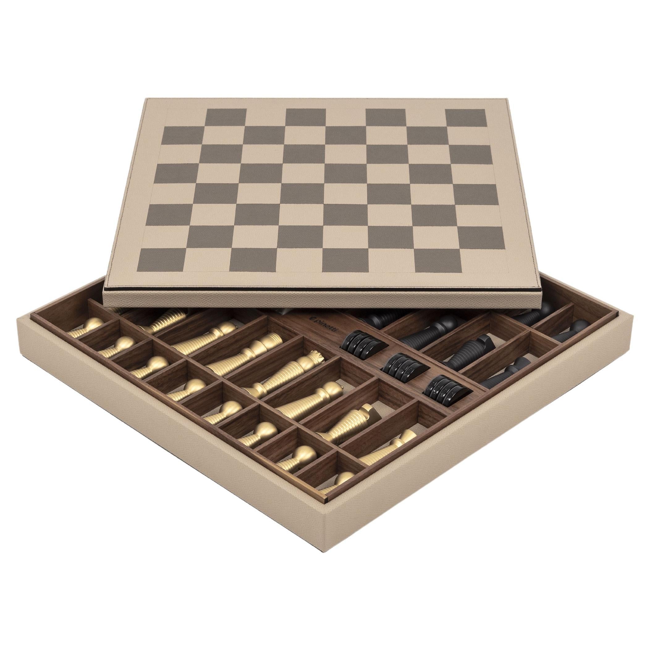 21st Century Italian Leather Chess Board with Brass Pieces Handcrafted in Italy For Sale