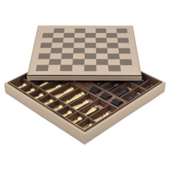 21st Century Italian Leather Chess Board with Brass Pieces Handcrafted in Italy