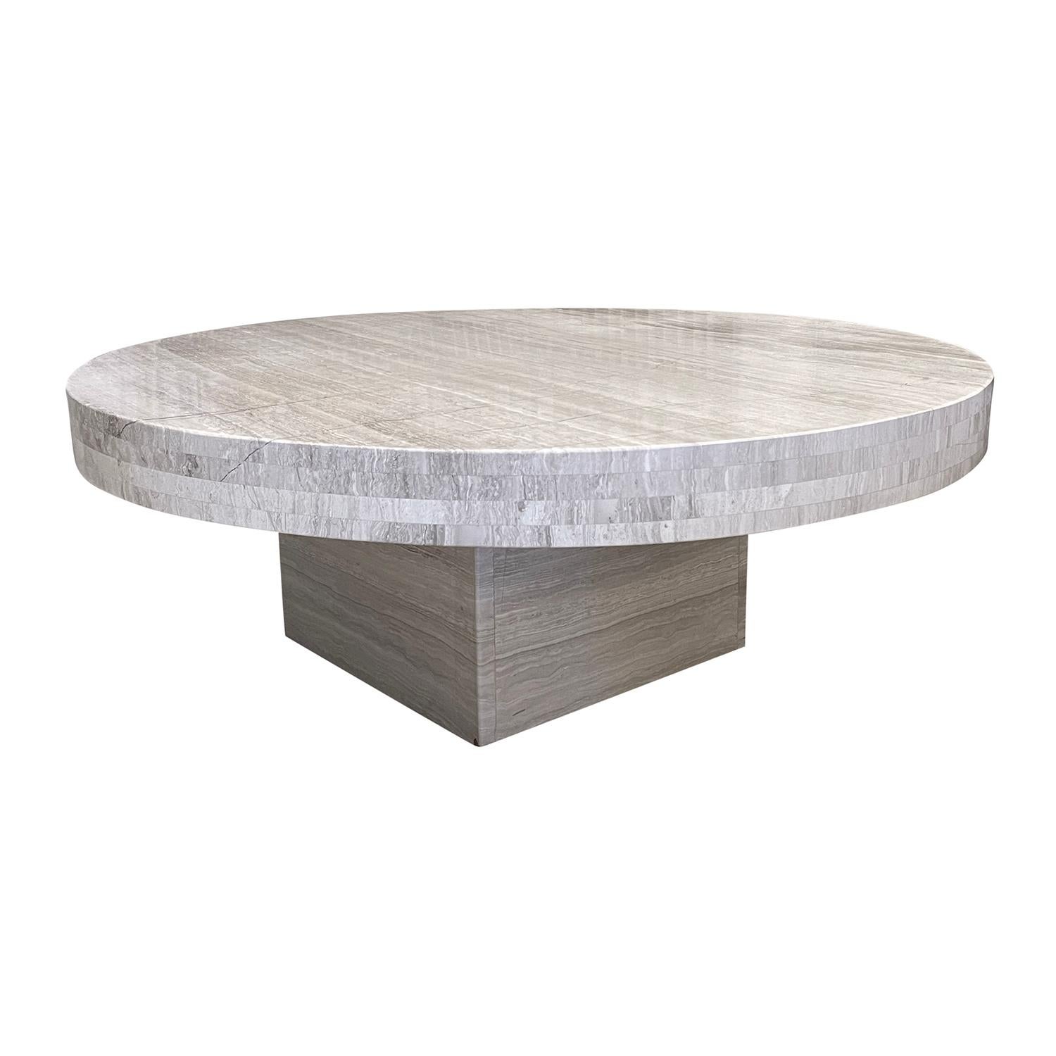 21st Century Italian Minimalist Travertine Coffee Table - Round Sofa Table For Sale