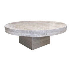 21st Century Italian Minimalist Travertine Coffee Table - Round Sofa Table