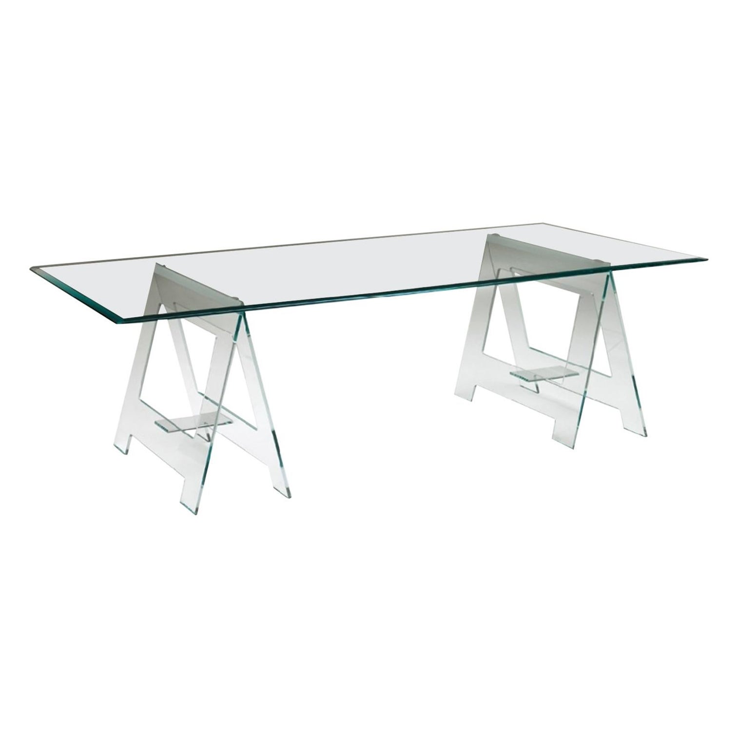 Tavolo da scrivania o da pranzo in cristallo con cavalletti del XXI secolo dal design moderno italiano in vendita
