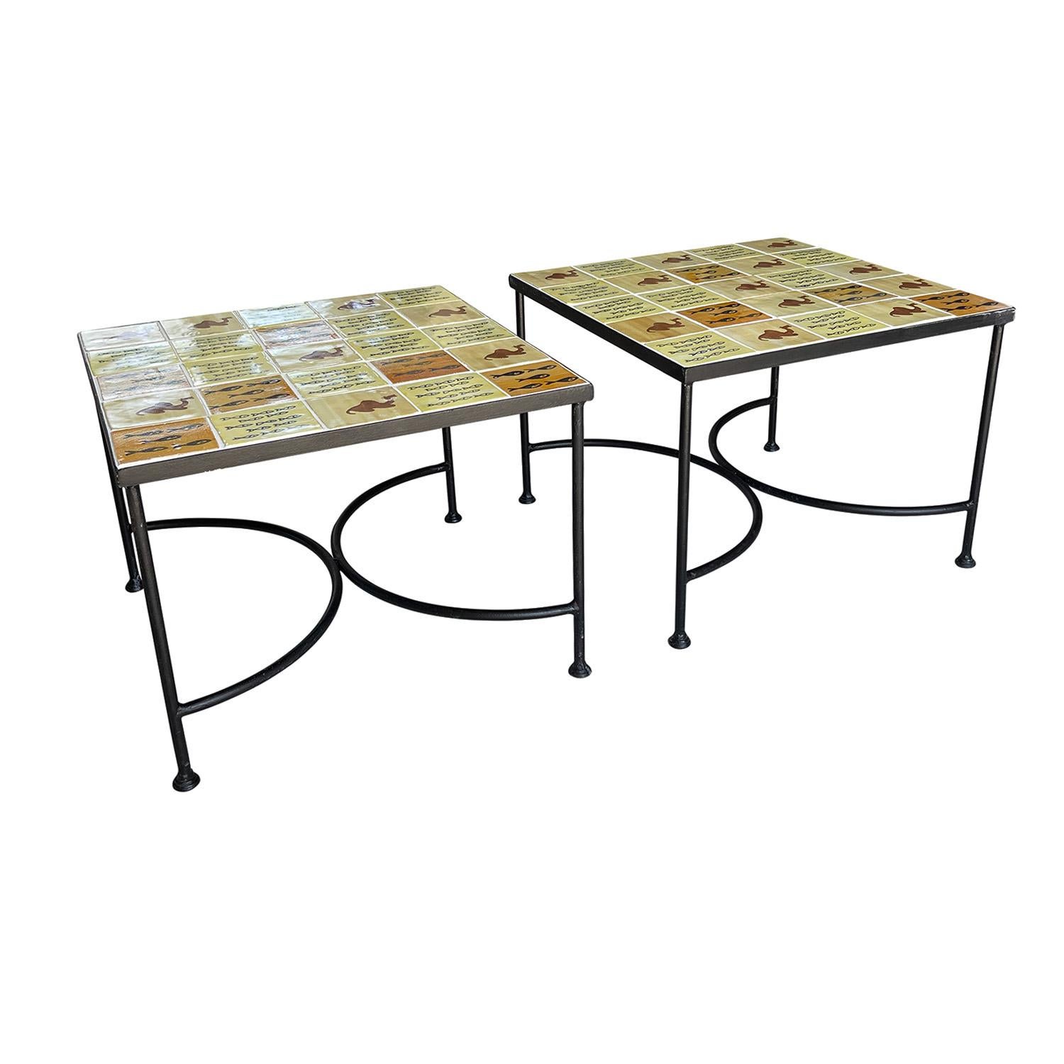 Contemporary 21st Century Italian Pair of Garden Side Tile Tables For Sale