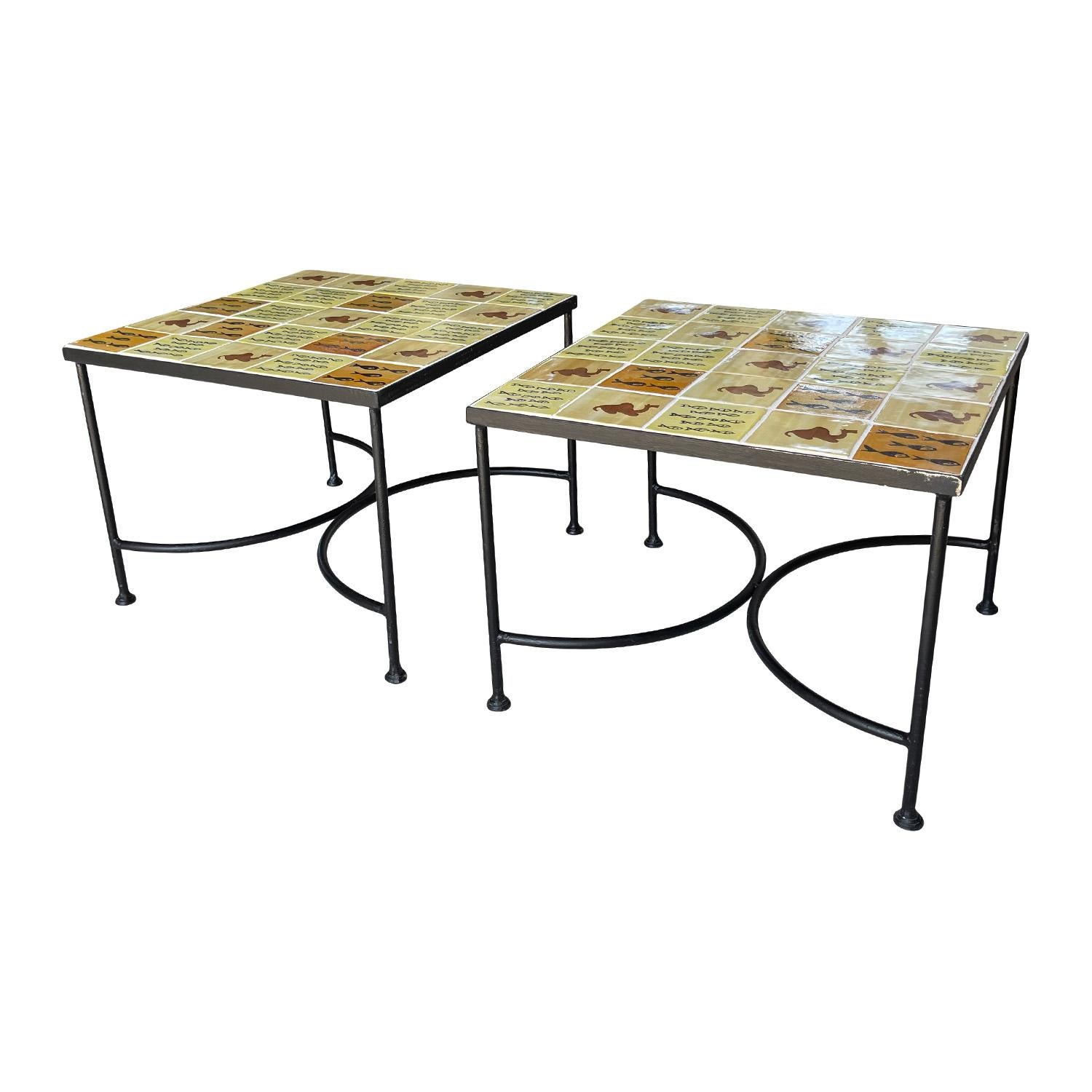 Metal 21st Century Italian Pair of Garden Side Tile Tables For Sale
