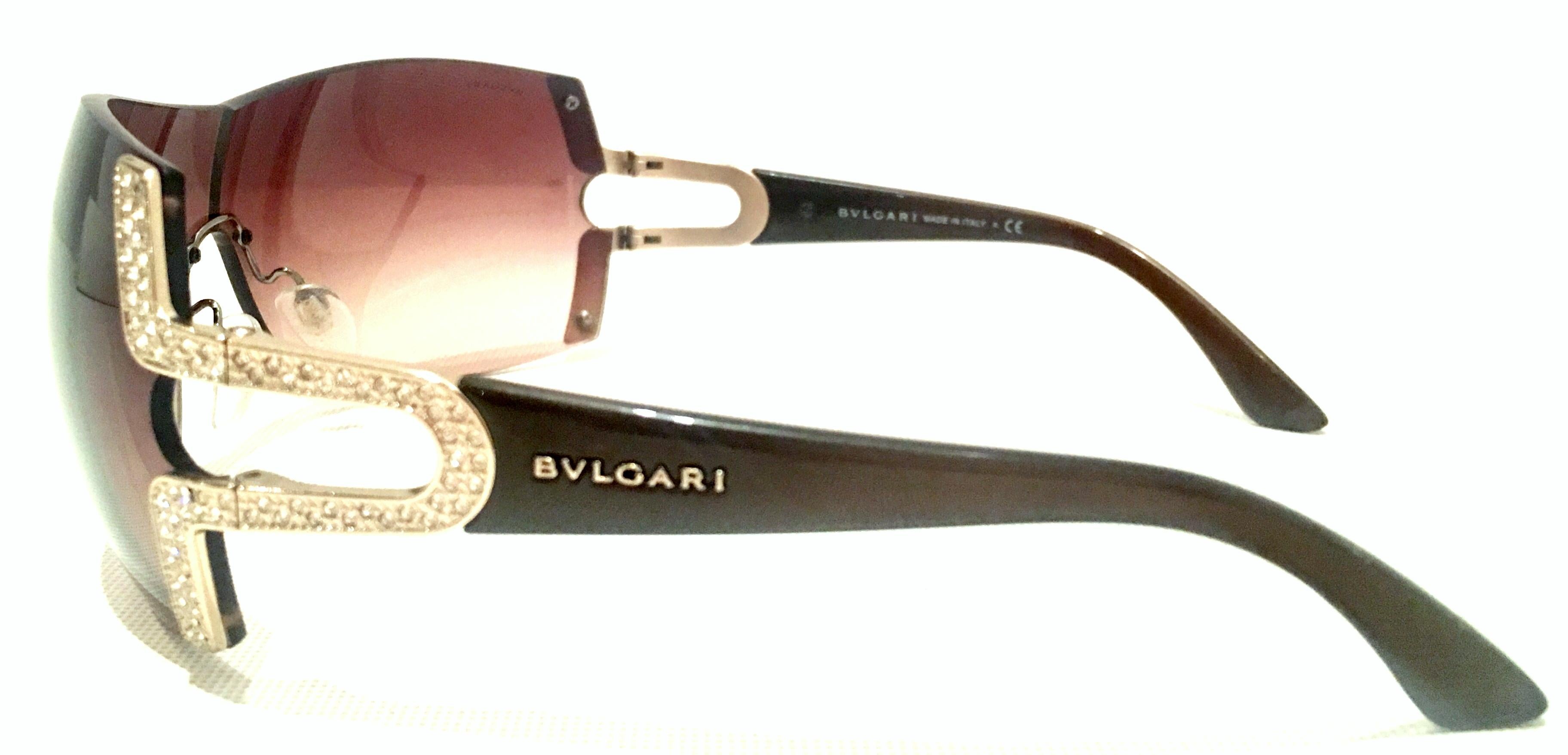 Brown 21st Century Italian Silver & Swarovski Crystal Bvlgari Logo Sunglasses 